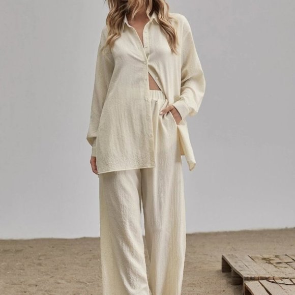BUTTON DOWN SLIT HEM BLOUSE AND WIDE LEG PANTS TEXTURED SUMMER LOUNGE STREETWEAR - Picture 5 of 12